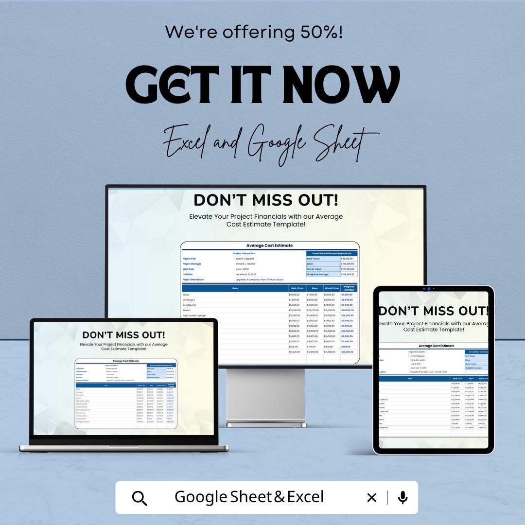 Average Cost Estimate Template | Project Cost Estimator Spreadsheet | Budget Planning Template | Cost Analysis Sheet