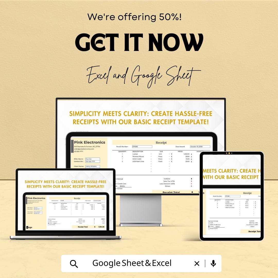 Basic Receipt Sheet for Excel & Google Sheets – Simple Receipt Template, Editable Invoice, Payment Record, Cash Receipt, 50% Off