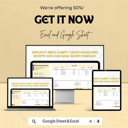Basic Receipt Sheet for Excel & Google Sheets – Simple Receipt Template, Editable Invoice, Payment Record, Cash Receipt, 50% Off