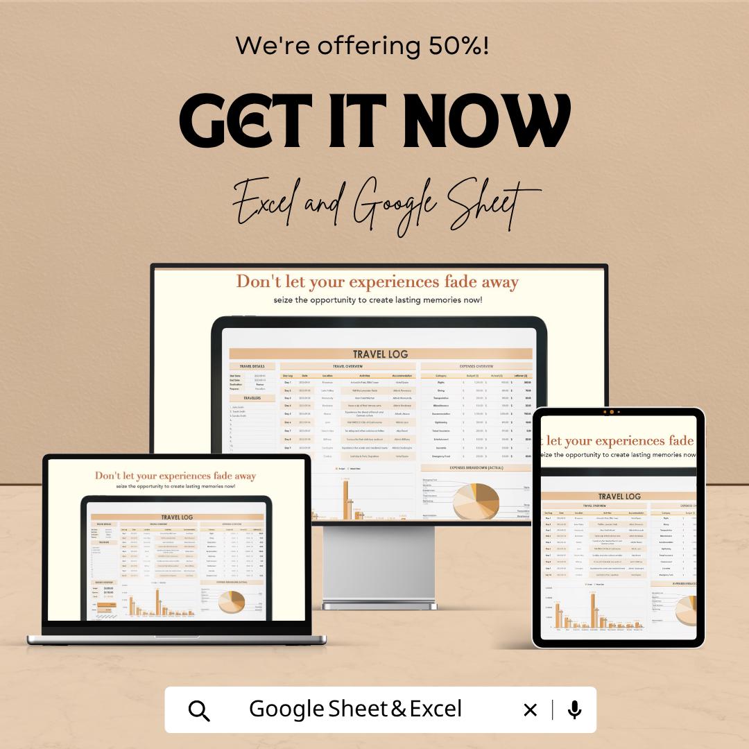 Travel Log Template | Excel Travel Tracker Spreadsheet | Google Sheets Travel Planner | Vacation Organizer | Trip Budget Planner |