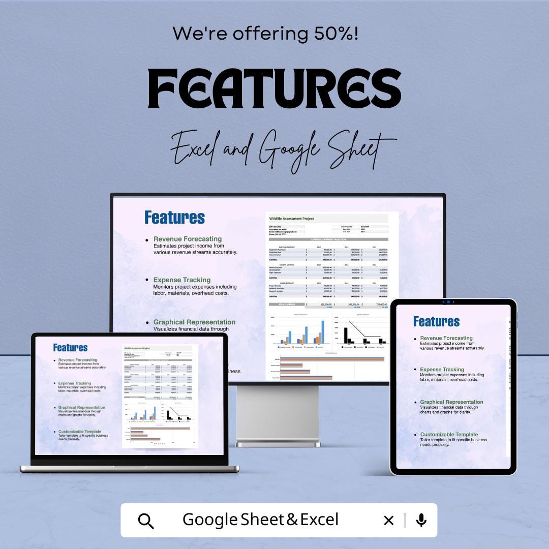 Project Financial Projections Template | Project Forecasting Spreadsheet | Revenue and Expense Forecast Template | Financial Planning Model