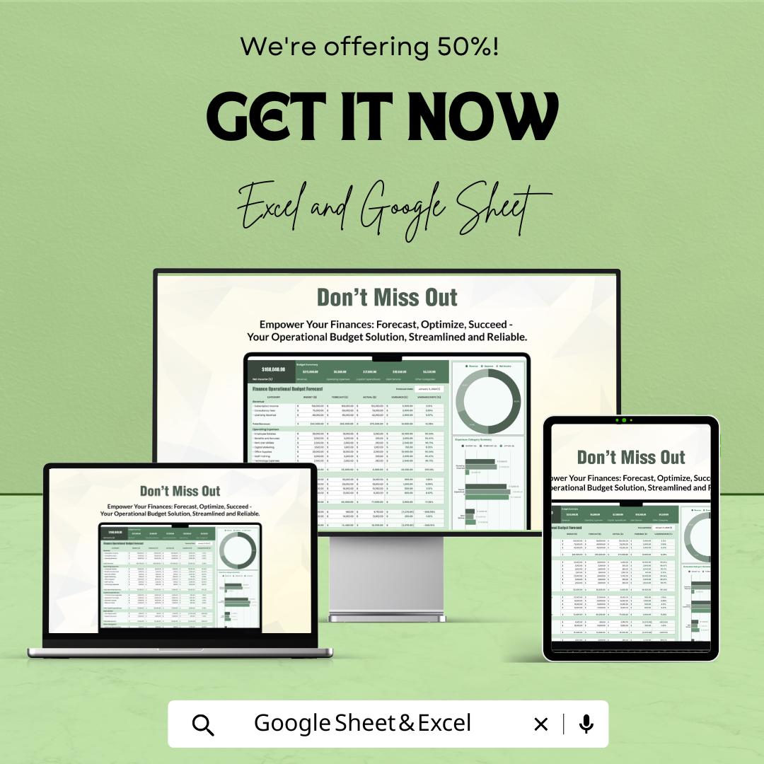 Finance Operational Budget Forecast Sheet | Monthly Expense Forecast Tracker | Excel & Google Sheets Template