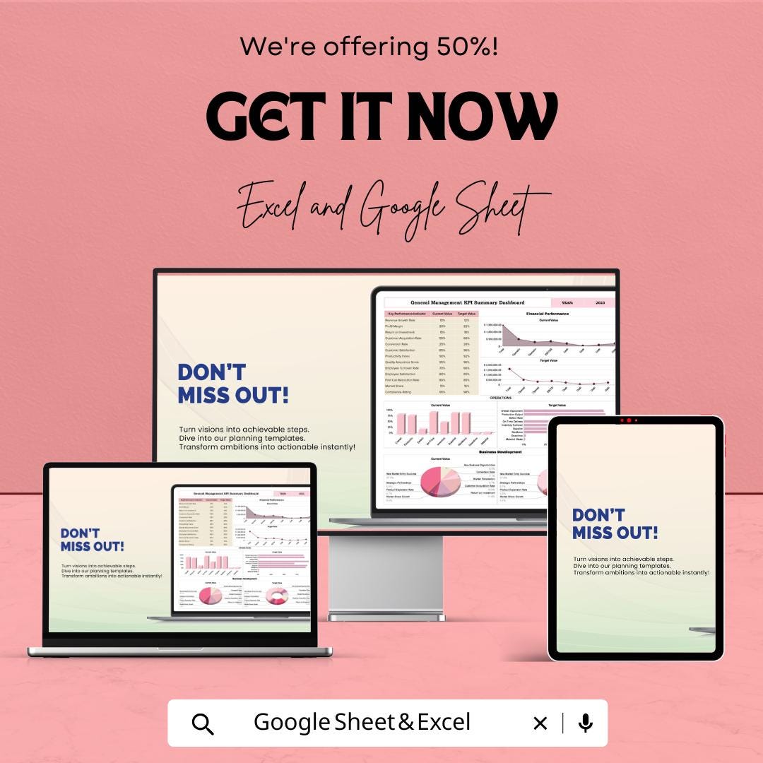 General Management KPI Dashboard Template | Google Sheets | Track Business Performance & Strategy | Monthly and Annual KPI Calculator