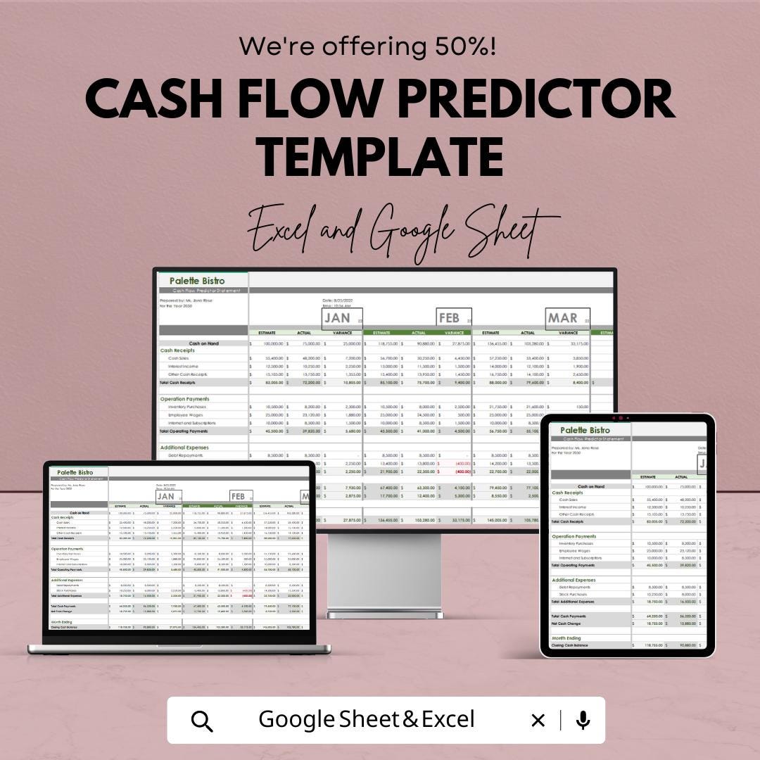 Cash Flow Predictor Template | Google Sheets Excel Cash Flow Spreadsheet | Business Finance Planner | Cash Flow Forecast | Digital Download