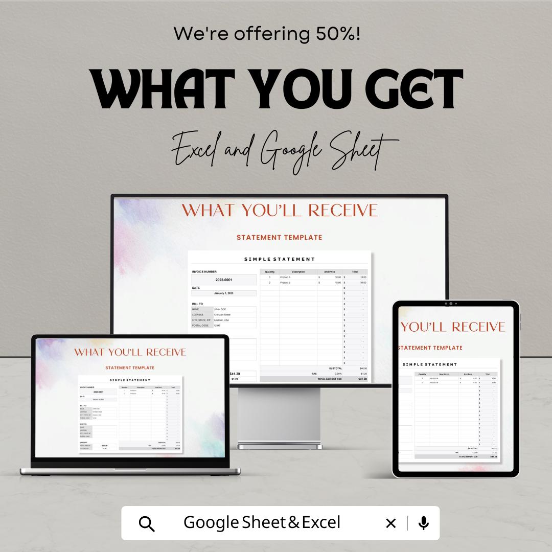 Simple Statement Sheet | Excel and Google Sheets Template | Printable Statement Form | Business Finance & Invoice Tracker |