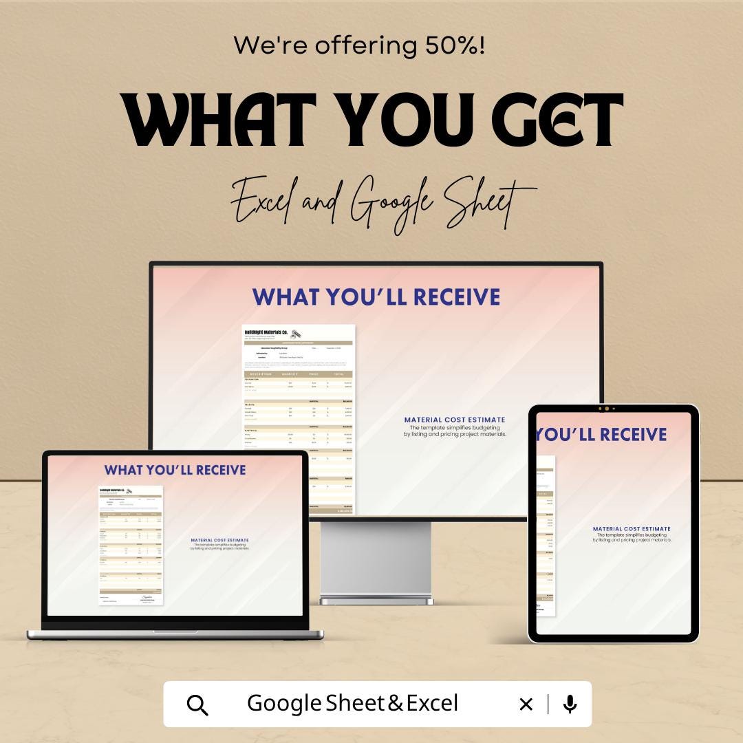 Material Cost Estimate Template | Construction Cost Spreadsheet | Contractor Estimate Template | Project Cost Calculator |