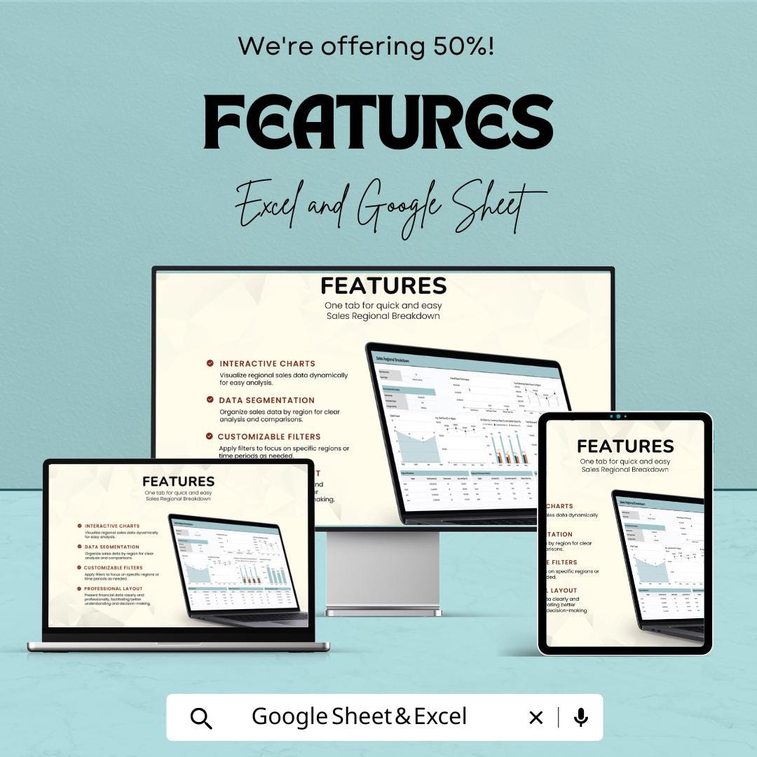 Sales Regional Breakdown Template | Excel & Google Sheet Dashboard | Regional Sales Report | Sales Analysis Template | KPI Tracker |