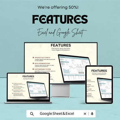 Sales Regional Breakdown Template | Excel & Google Sheet Dashboard | Regional Sales Report | Sales Analysis Template | KPI Tracker |