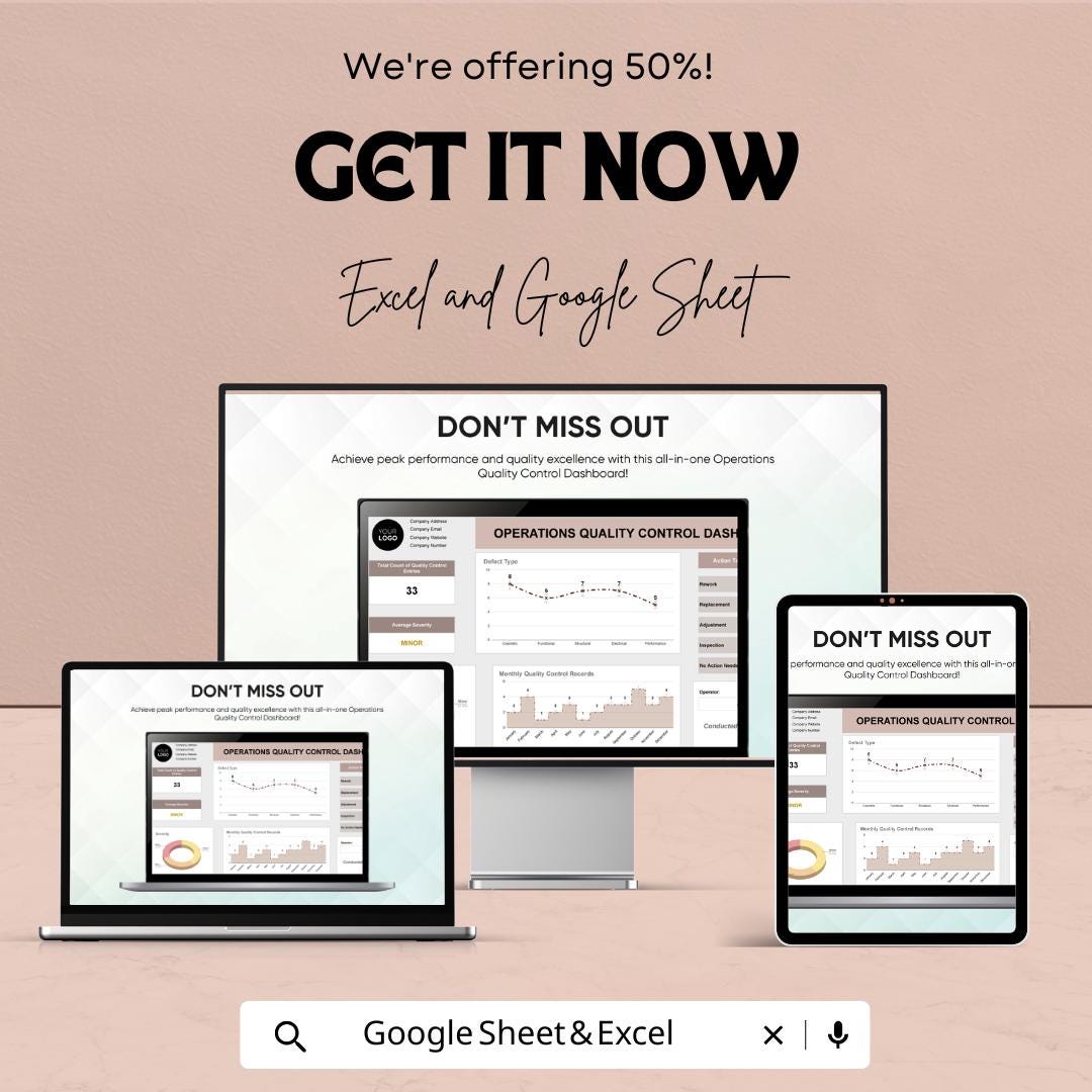 Operations Quality Control Dashboard Template | QC Dashboard Spreadsheet | Excel & Google Sheets