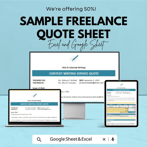 Sample Freelance Quote Sheet | Content Writing Service Quote Template | Customizable Excel & Google Sheet | Instant Download
