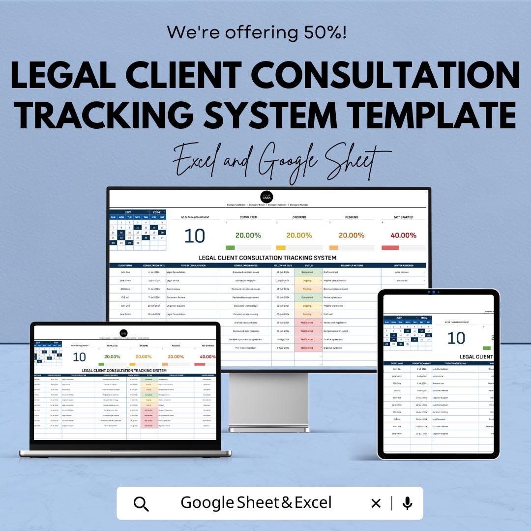 Legal Client Consultation Tracking System Template, Attorney Consultation Log, Law Office Tracker,  Client Meeting Tracker