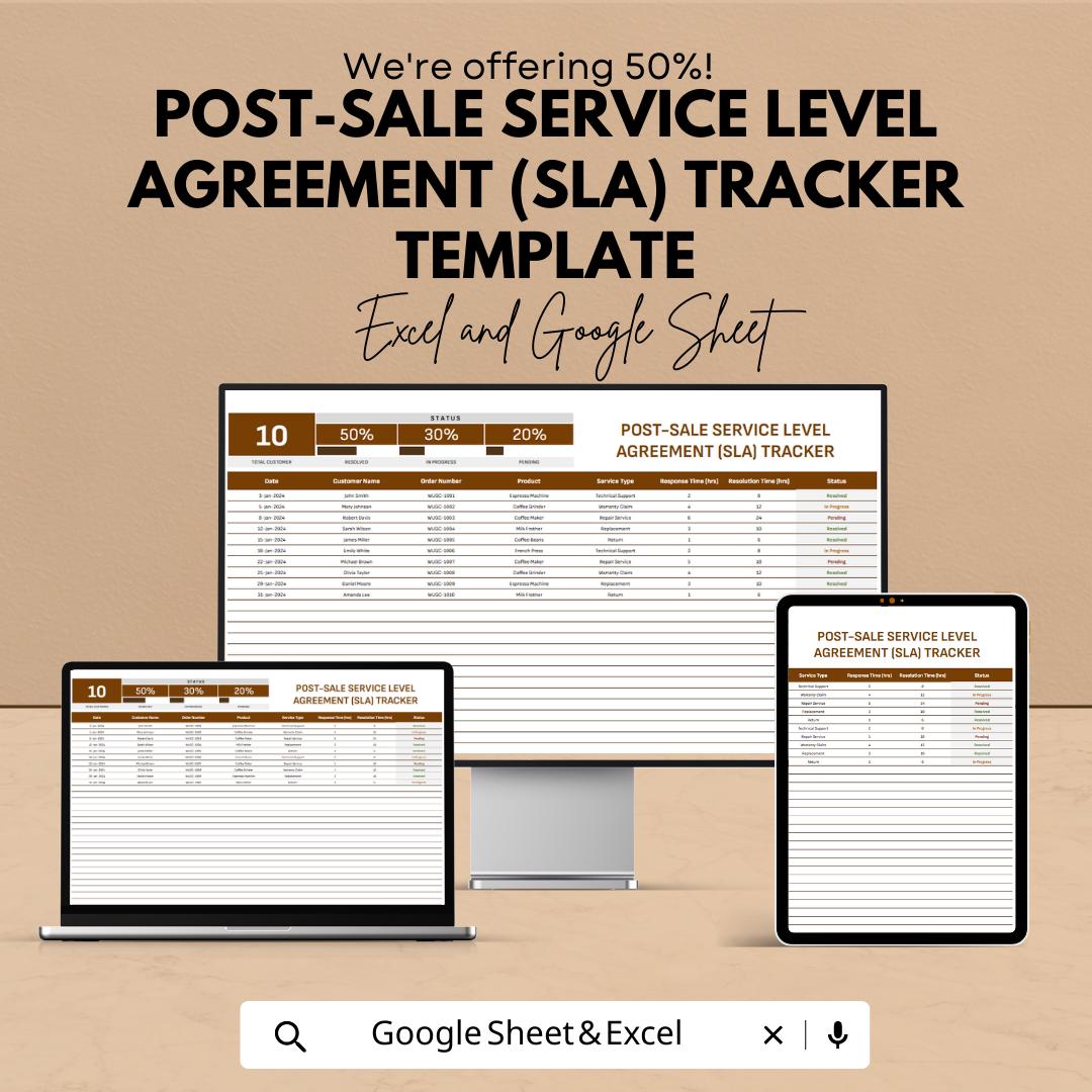 Post-Sale SLA Tracker Template | Service Level Agreement Tracker | Customer Support KPI Tool | Excel & Google Sheets