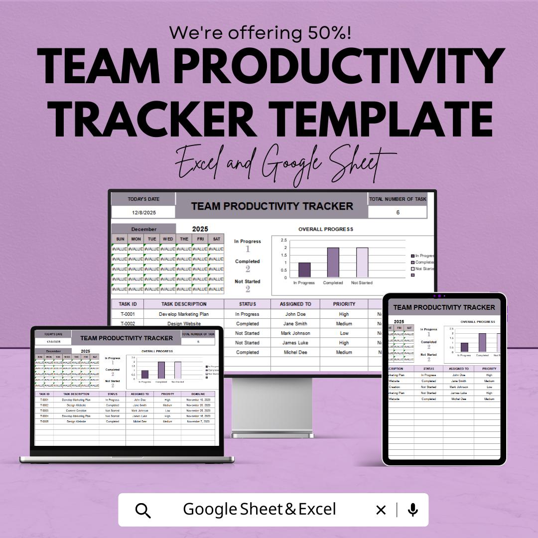 Team Productivity Tracker Template | Task Management Spreadsheet Excel and Google Sheets | Team Performance & Work Tracking Tool