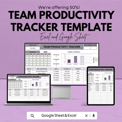 Team Productivity Tracker Template | Task Management Spreadsheet Excel and Google Sheets | Team Performance & Work Tracking Tool