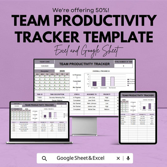 Team Productivity Tracker Template | Task Management Spreadsheet Excel and Google Sheets | Team Performance & Work Tracking Tool