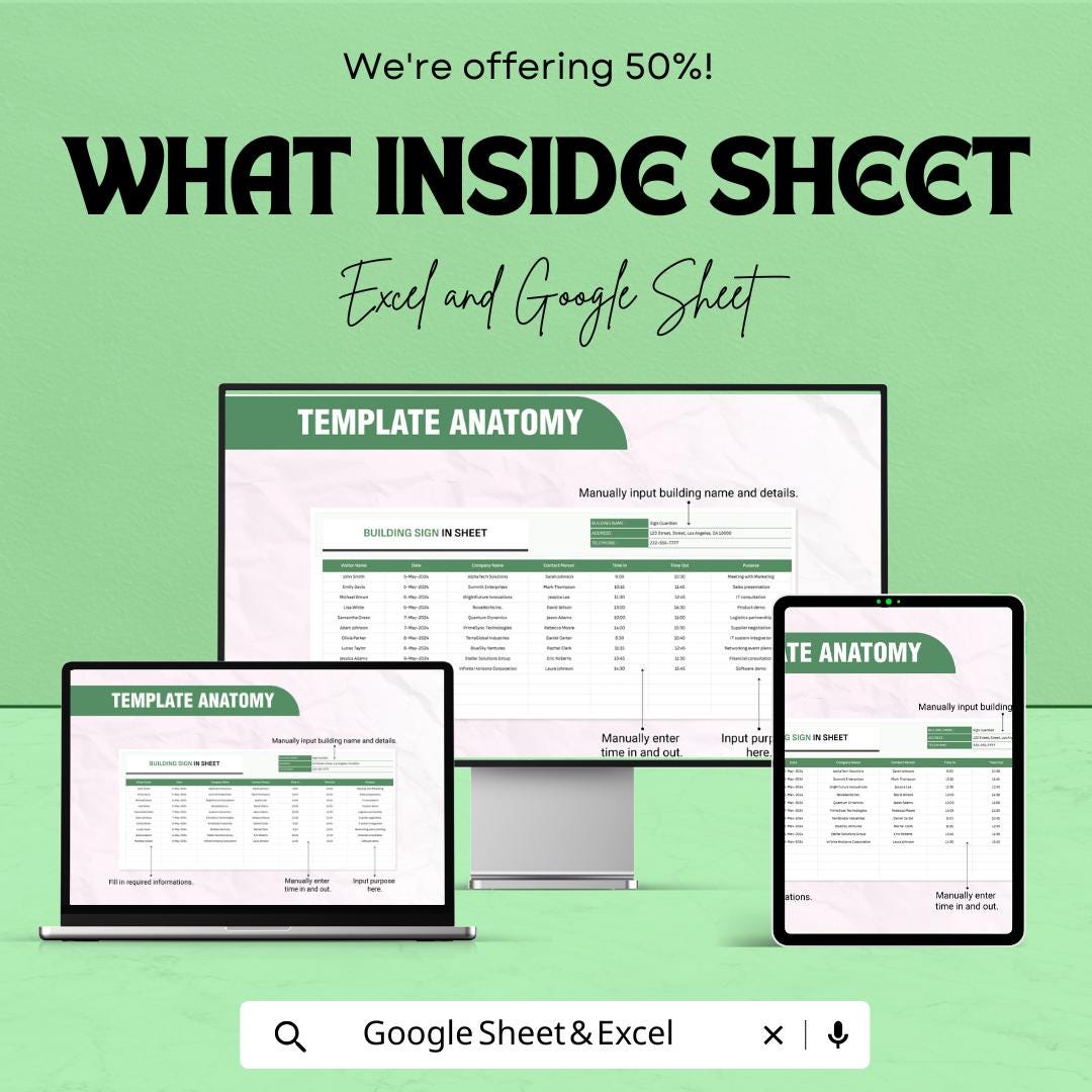 Building Sign In Sheet | Visitor Log Sheet Template | Excel & Google Sheet | Office Sign-In Template | Customizable Attendance Sheet |