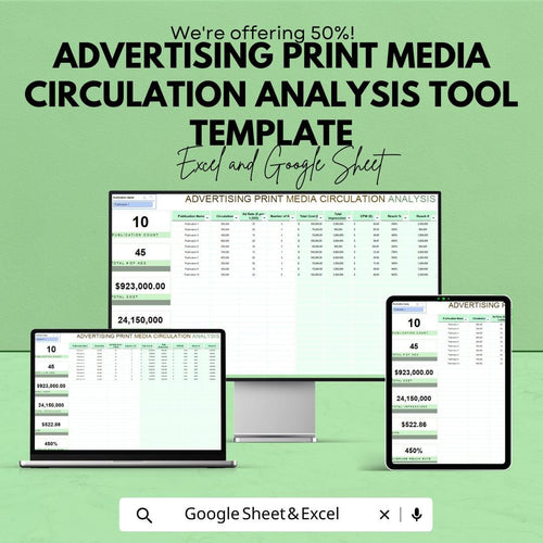Advertising Print Media Circulation Analysis Tool | Excel & Google Sheets Template | Ad Spend Tracker | Marketing Analytics Spreadsheet