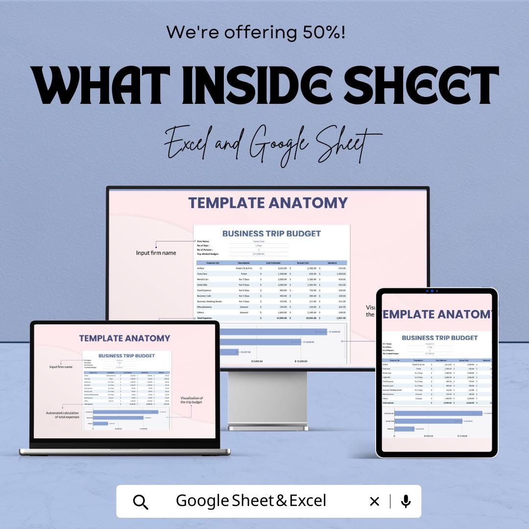 Business Trip Budget Template, Travel Expense Tracker, Corporate Travel Planner, Trip Cost Spreadsheet, Excel & Google Sheets