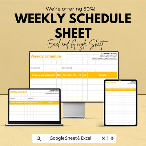 Weekly Schedule Sheet – Excel & Google Sheet Template | Employee and Task Planner | 50% Off