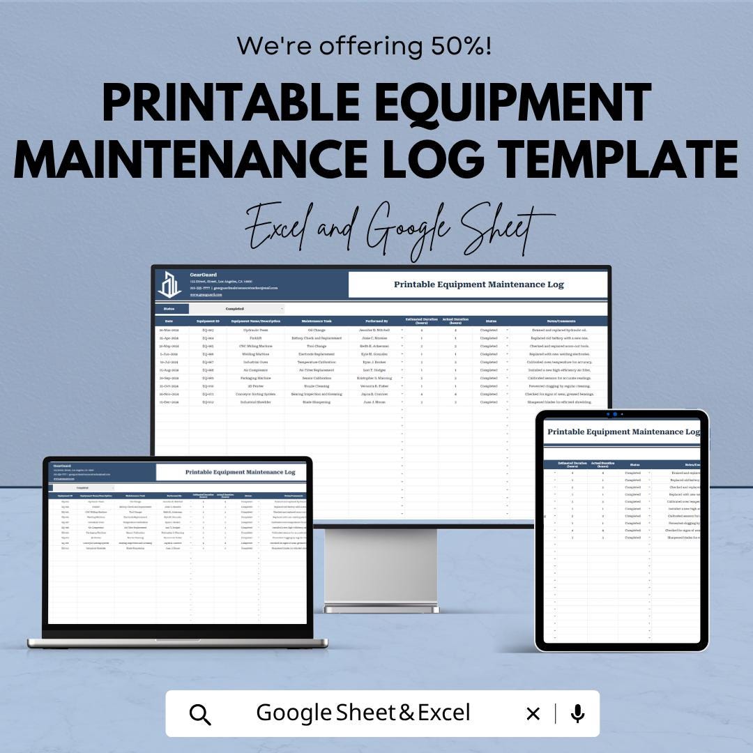Equipment Maintenance Log Template | Preventive Maintenance Checklist | Maintenance Record Sheet | Excel & Google Sheets | Equipment Service