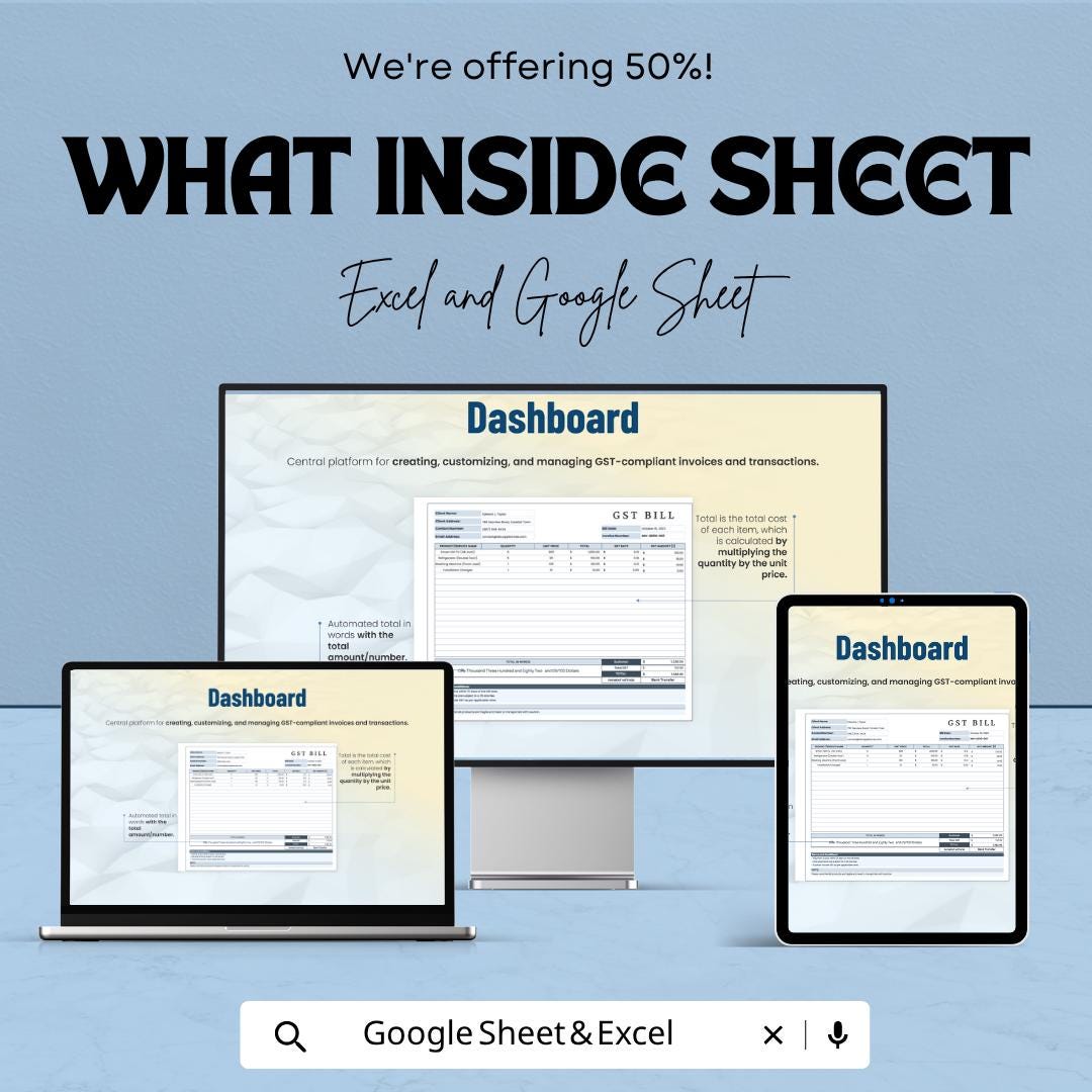 GST Bill Template | Google Sheets Invoice Template | Excel GST Invoice | Tax Billing Spreadsheet | Business Billing Tracker