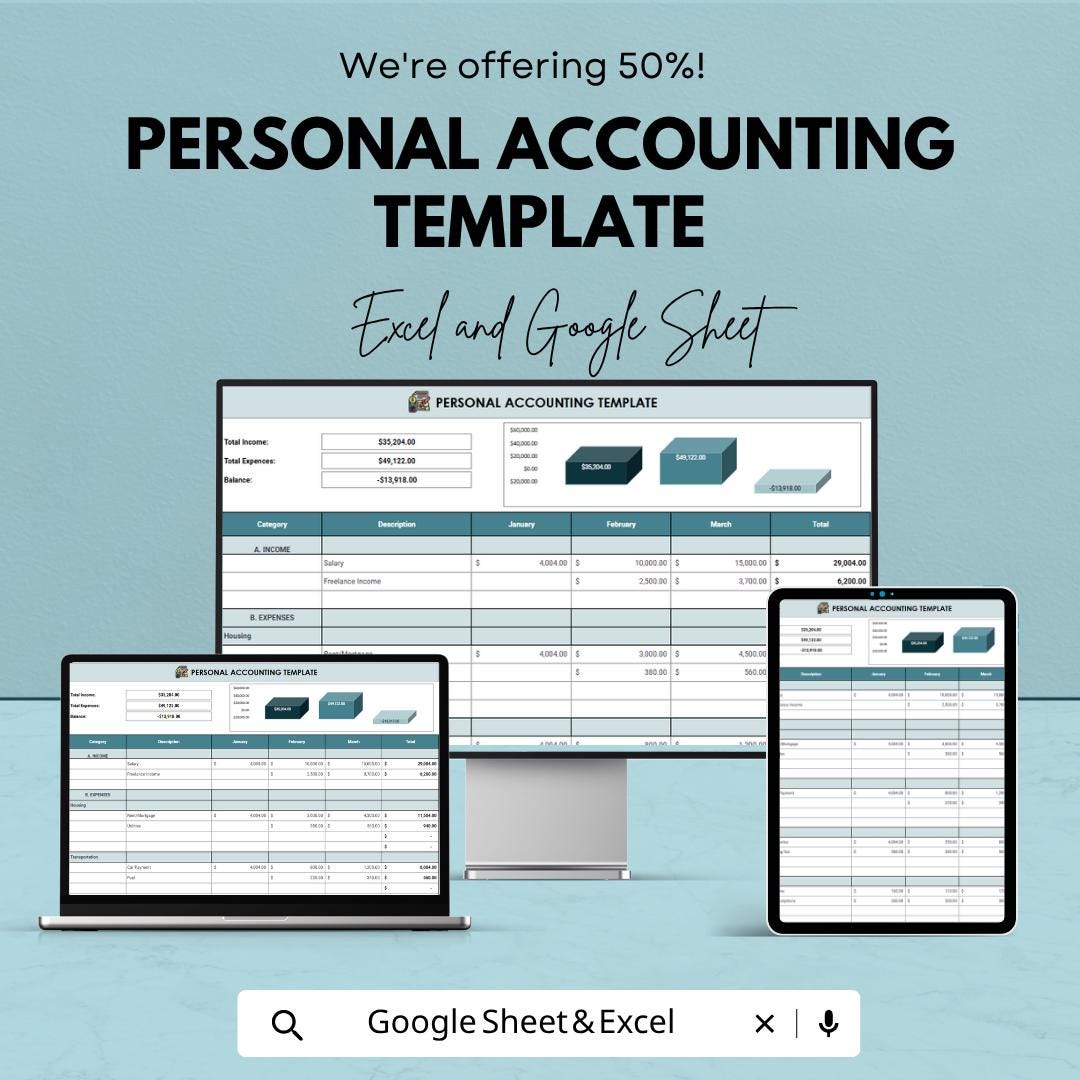 Personal Accounting Template | Budget Planner Spreadsheet | Income & Expense Tracker | Personal Finance Dashboard |