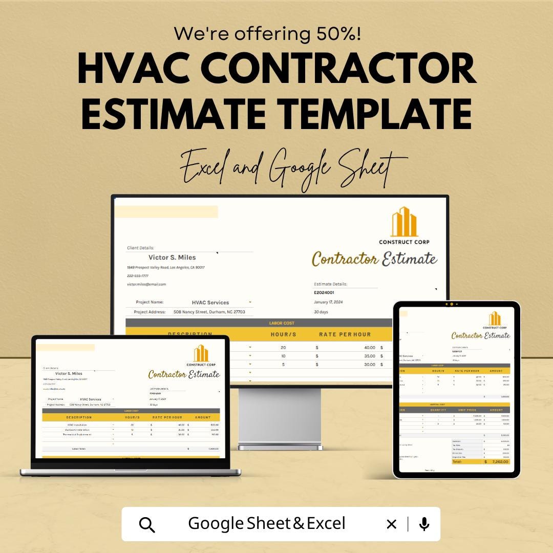 HVAC Estimate Template | HVAC Contractor Estimate Spreadsheet | HVAC Bid Proposal Template