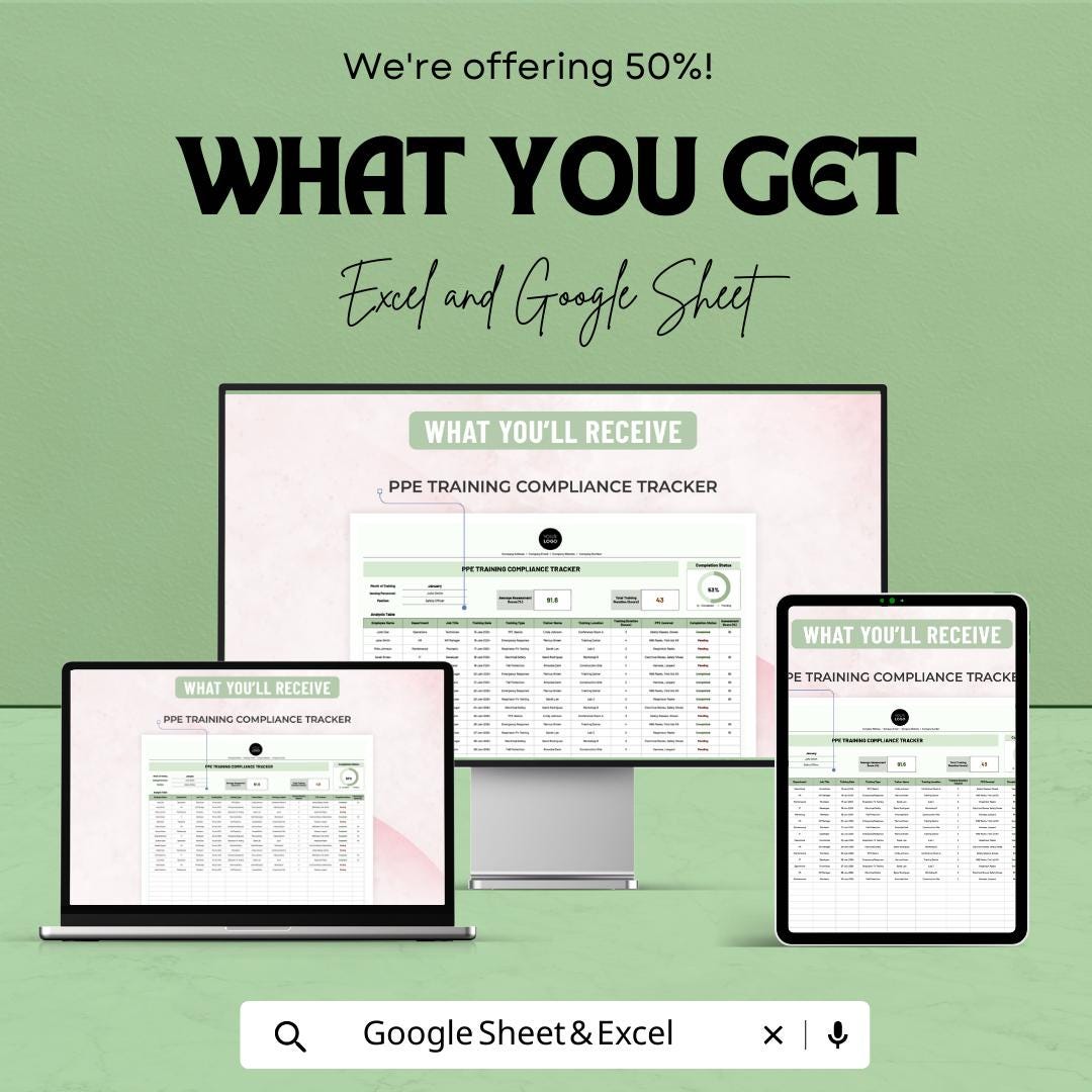 PPE Training Compliance Tracker Template, Safety Training Log, OSHA Compliance Spreadsheet, Employee Training Tracker, Excel & Google Sheets