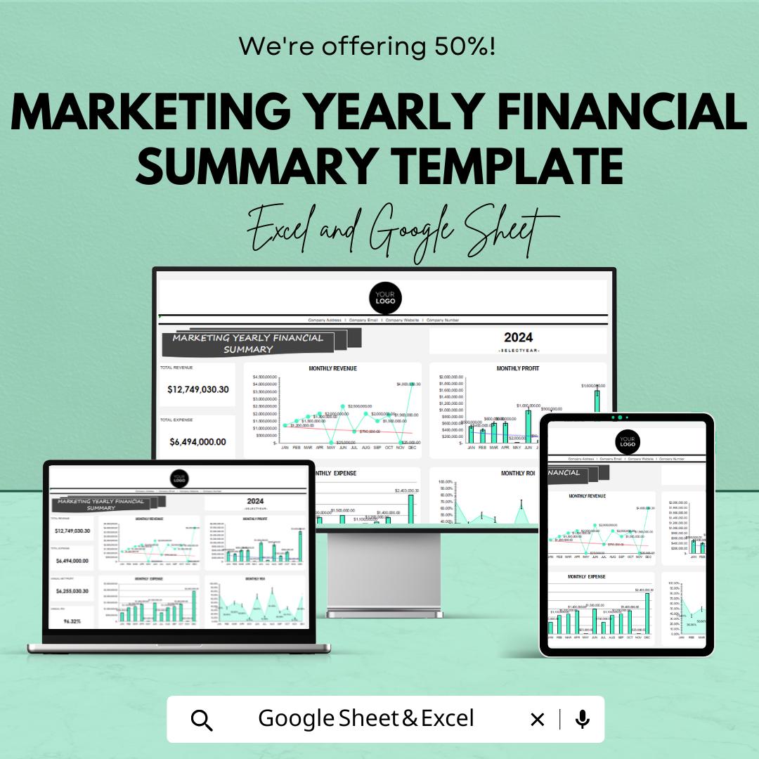 Marketing Yearly Financial Summary Template | Annual Budget Planner | Marketing Finance Dashboard | Expense & Revenue Tracker