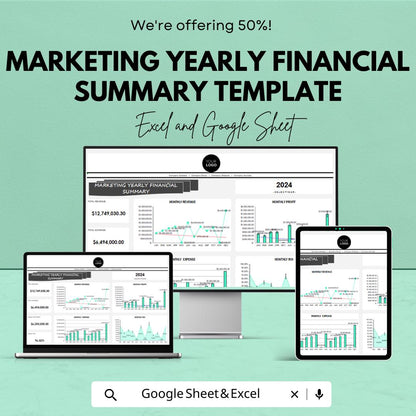 Marketing Yearly Financial Summary Template | Annual Budget Planner | Marketing Finance Dashboard | Expense & Revenue Tracker