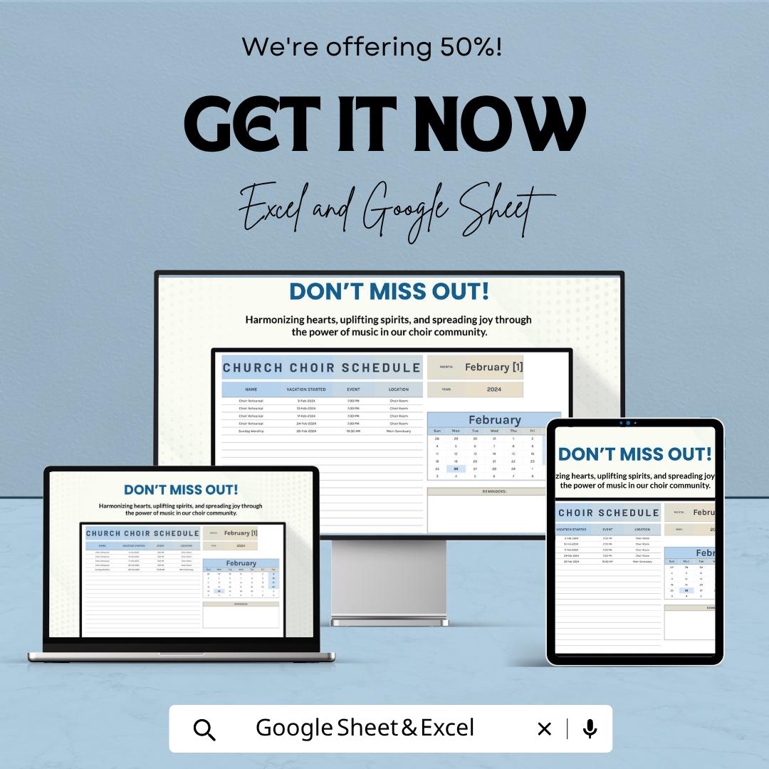 Church Choir Schedule Template | Choir Planner Spreadsheet | Church Event Calendar Template | Choir Rehearsal Planner