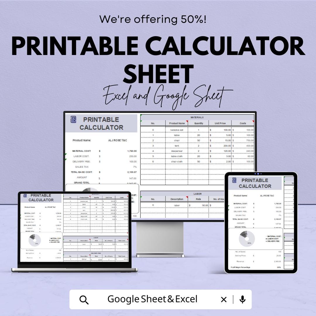 Printable Calculator Sheet | Excel & Google Sheets | Cost Estimator Template | Customizable Calculator for Pricing | Easy-to-Use Budgeting