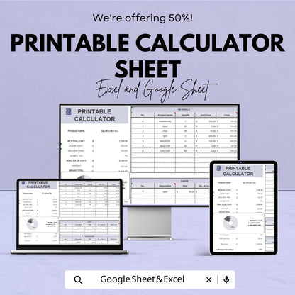 Printable Calculator Sheet | Excel & Google Sheets | Cost Estimator Template | Customizable Calculator for Pricing | Easy-to-Use Budgeting