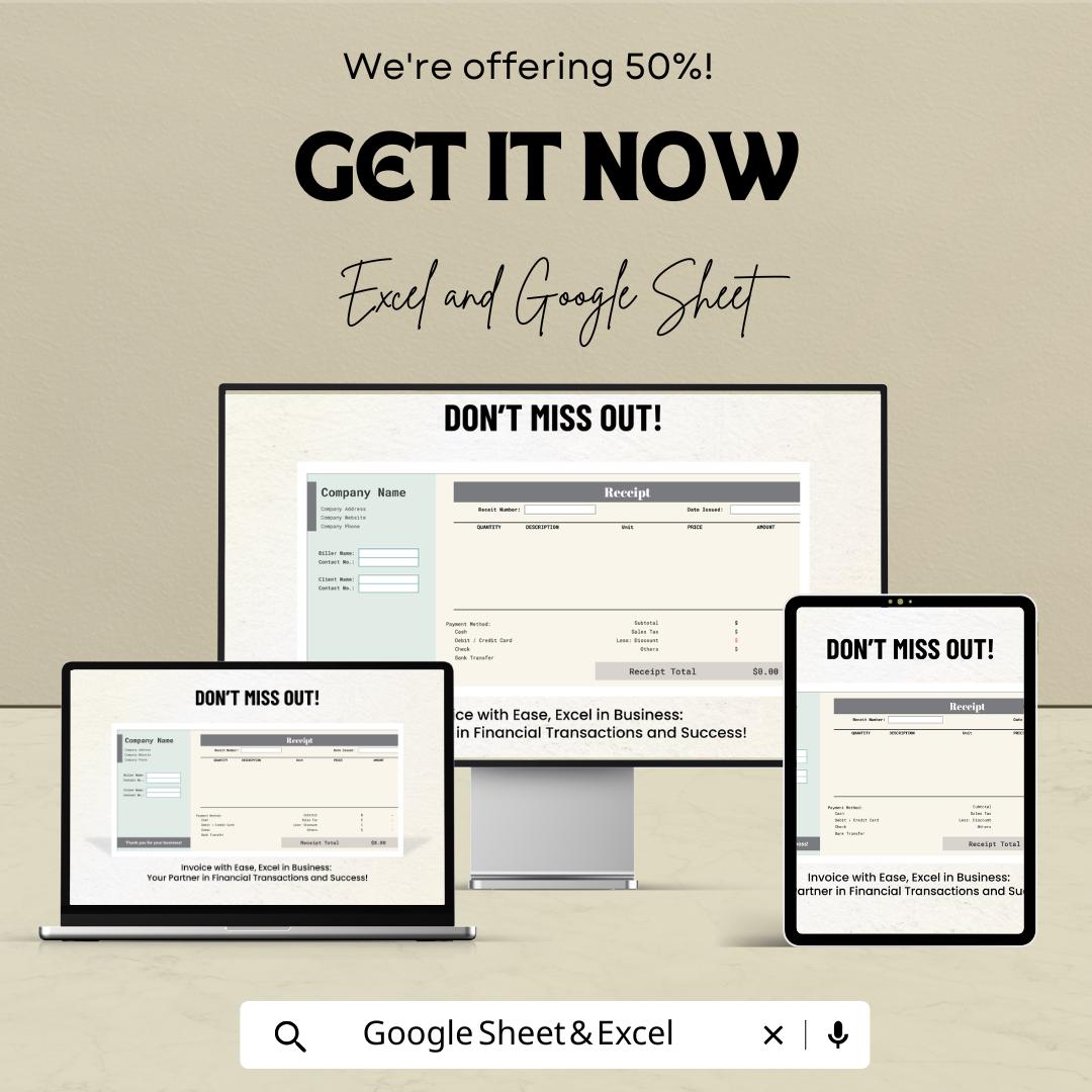 Self Employed Invoice Receipt Sheet - Customizable Google Sheet & Excel Template for Small Business Owners