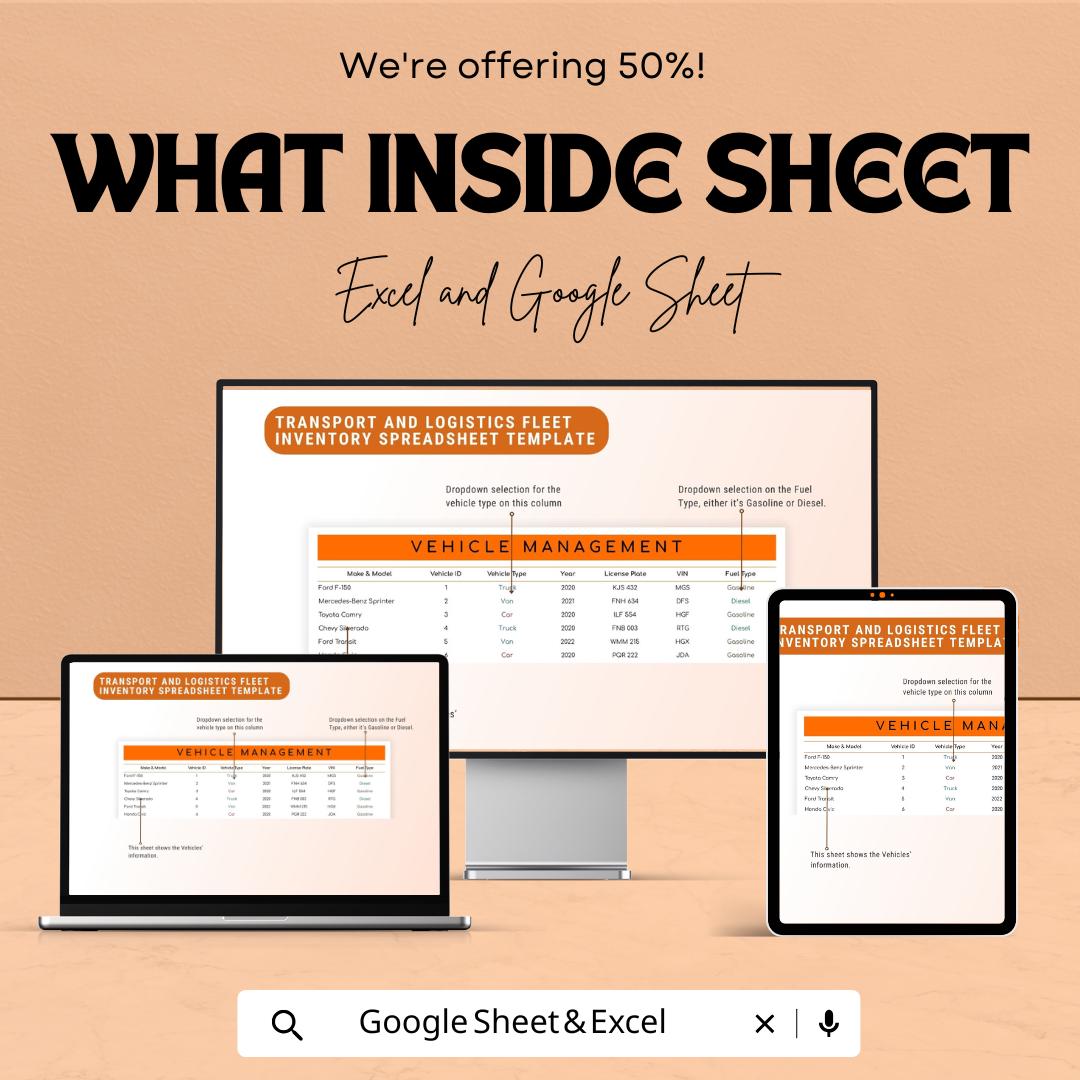 Fleet Inventory Template | Transport and Logistics Vehicle Tracker | Google Sheet & Excel Fleet Management Spreadsheet | Maintenance Log