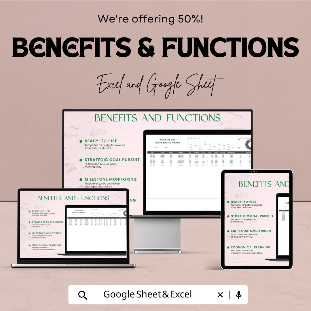 Advertising Web Traffic Source Report Template | Marketing Analytics Dashboard | Traffic Source Tracker | Excel and Google Sheets