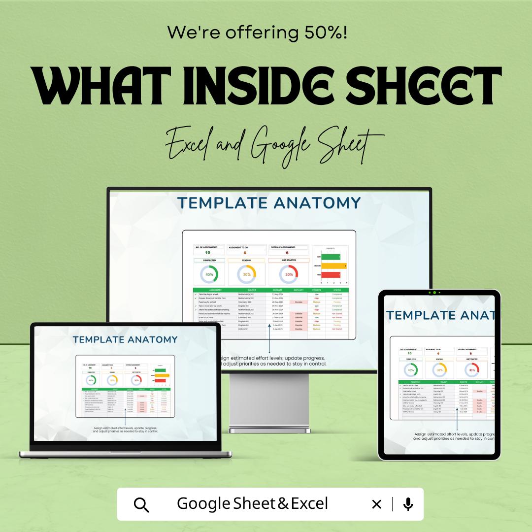 Assignment Workload Template Excel | Assignment Dashboard | Homework Tracker | Study Planner Spreadsheet | Academic Organizer