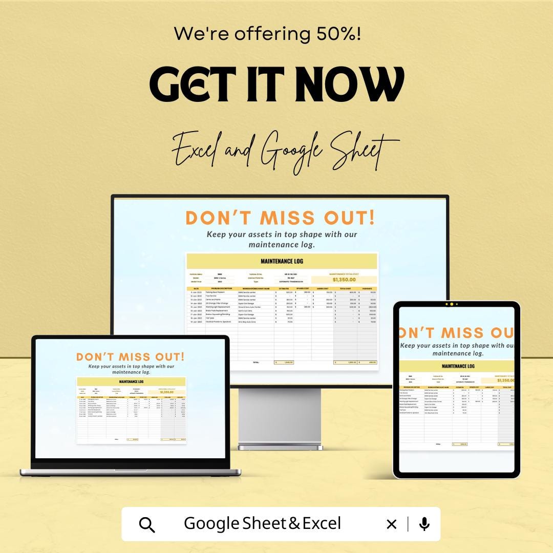 Maintenance Log Sheet | Asset Tracking Template | Equipment and Maintenance Management | Excel & Google Sheets Template | Auto-Calculation