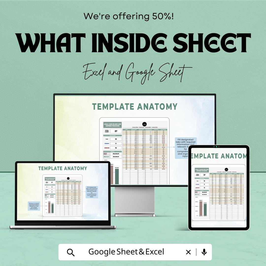 Legal Case Billing and Expense Tracking Sheet | Legal Finance Template | Excel & Google Sheets | Law Firm Billing Tracker