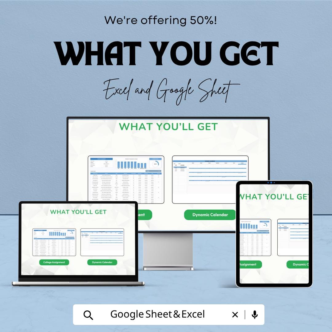 College Assignment Template | Student Assignment Tracker | College Planner Spreadsheet | Excel & Google Sheets | Homework Planner Template |