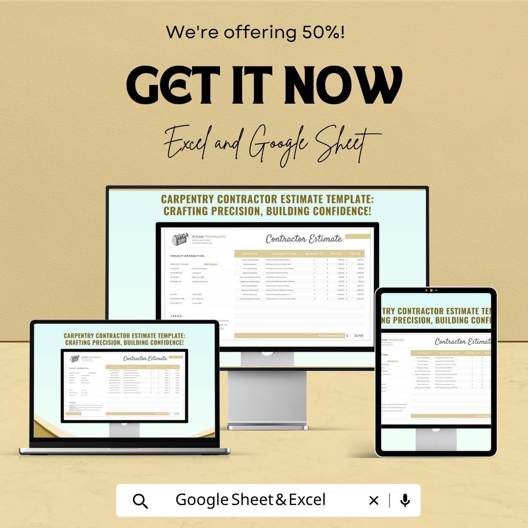 Carpentry Contractor Estimate Template | Construction Estimate Spreadsheet | Woodworking Quote Template | Excel & Google Sheets |