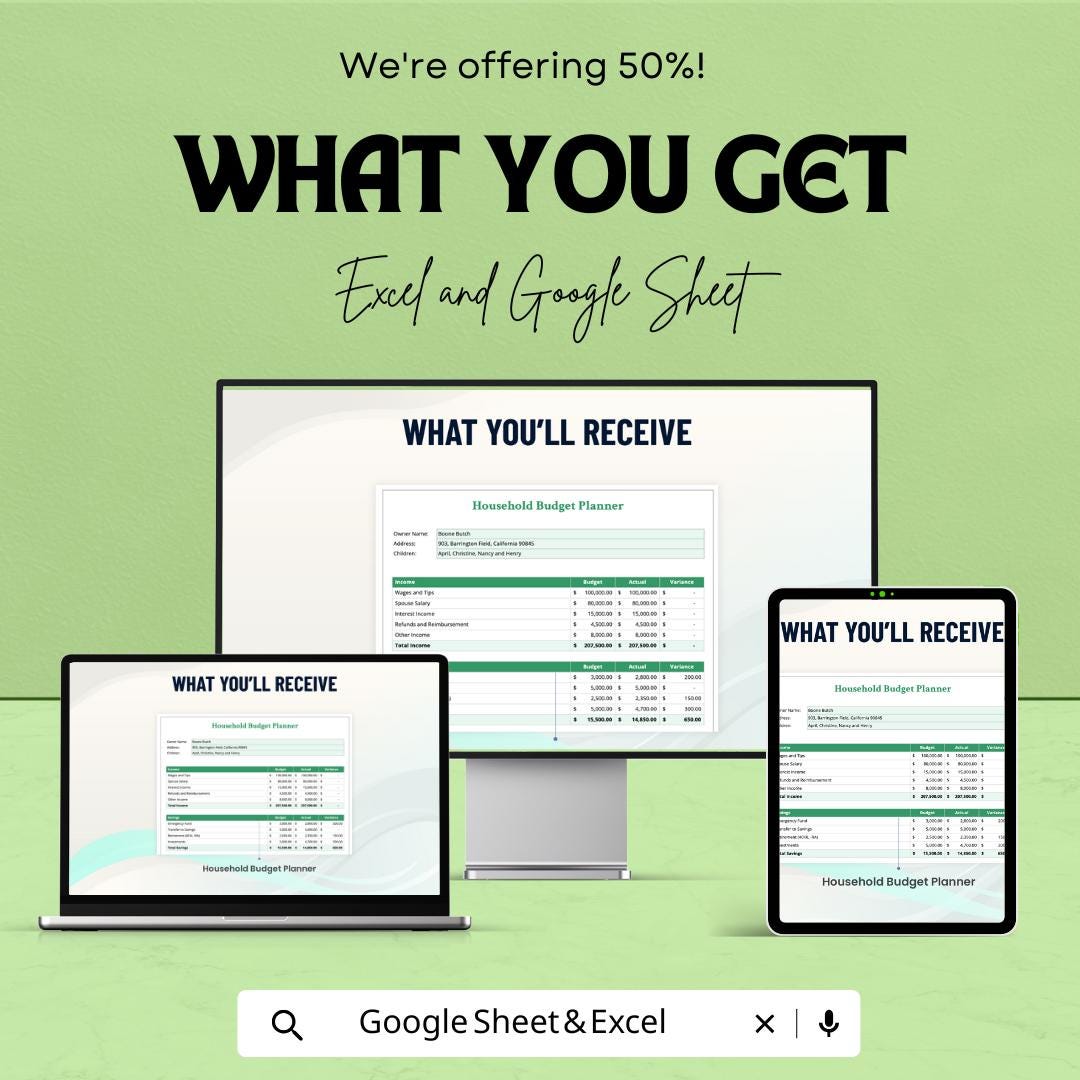 Household Budget Planner Sheet | Google Sheet | Financial Tracker for Budgeting, Expense & Savings Management | Family Budget Template