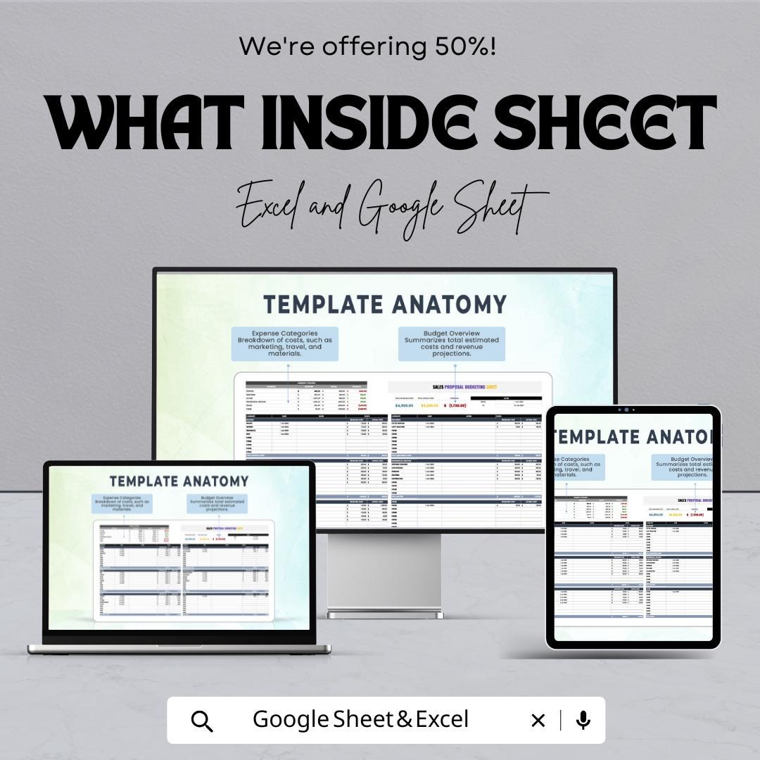 Sales Proposal Budgeting Sheet | Google Sheets & Excel | Expense Tracker | Revenue Forecast | Resource Allocation | Sales Budget Planner