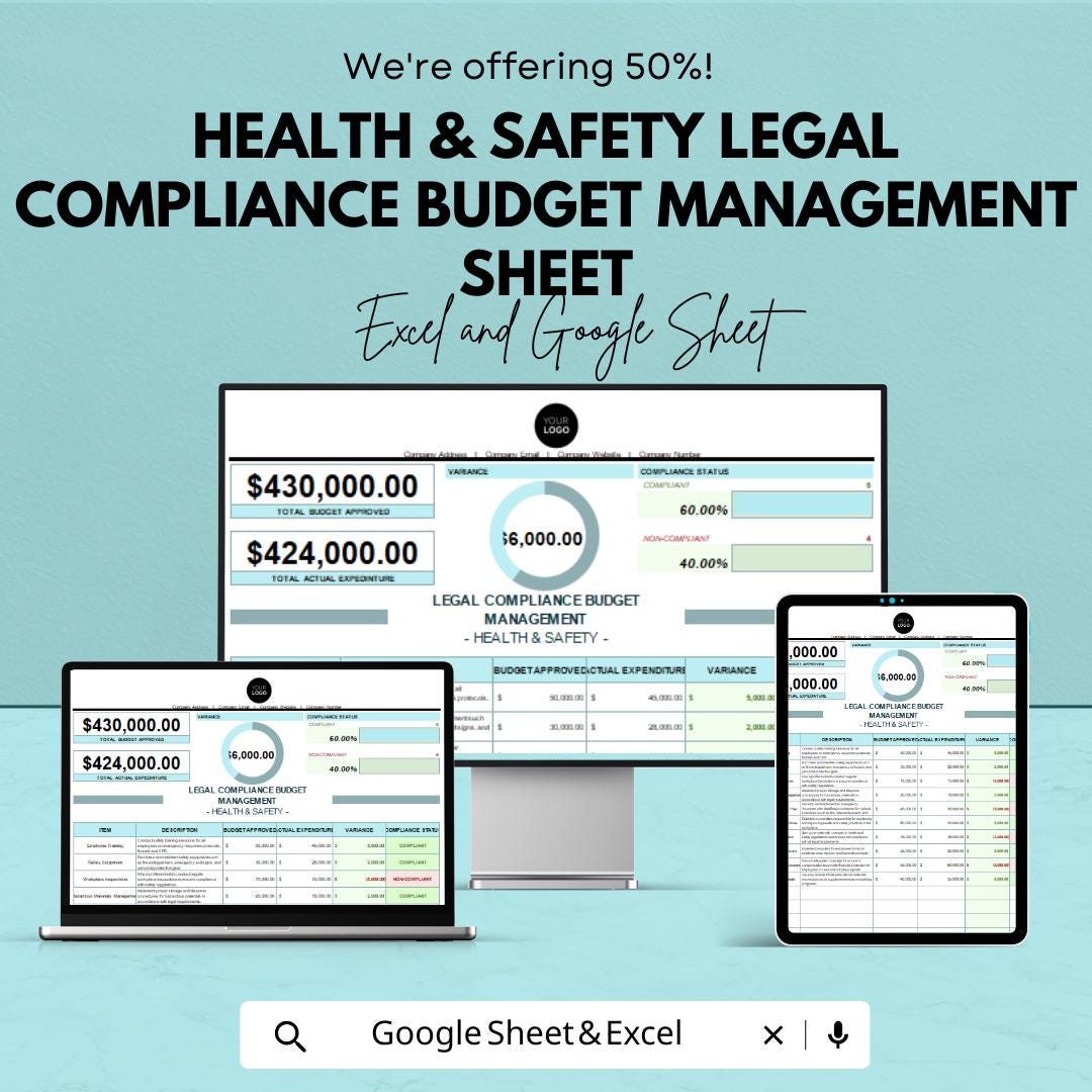 Health & Safety Legal Compliance Budget Management Sheet - Excel and Google Sheets Template for Compliance Tracking and Budget Management