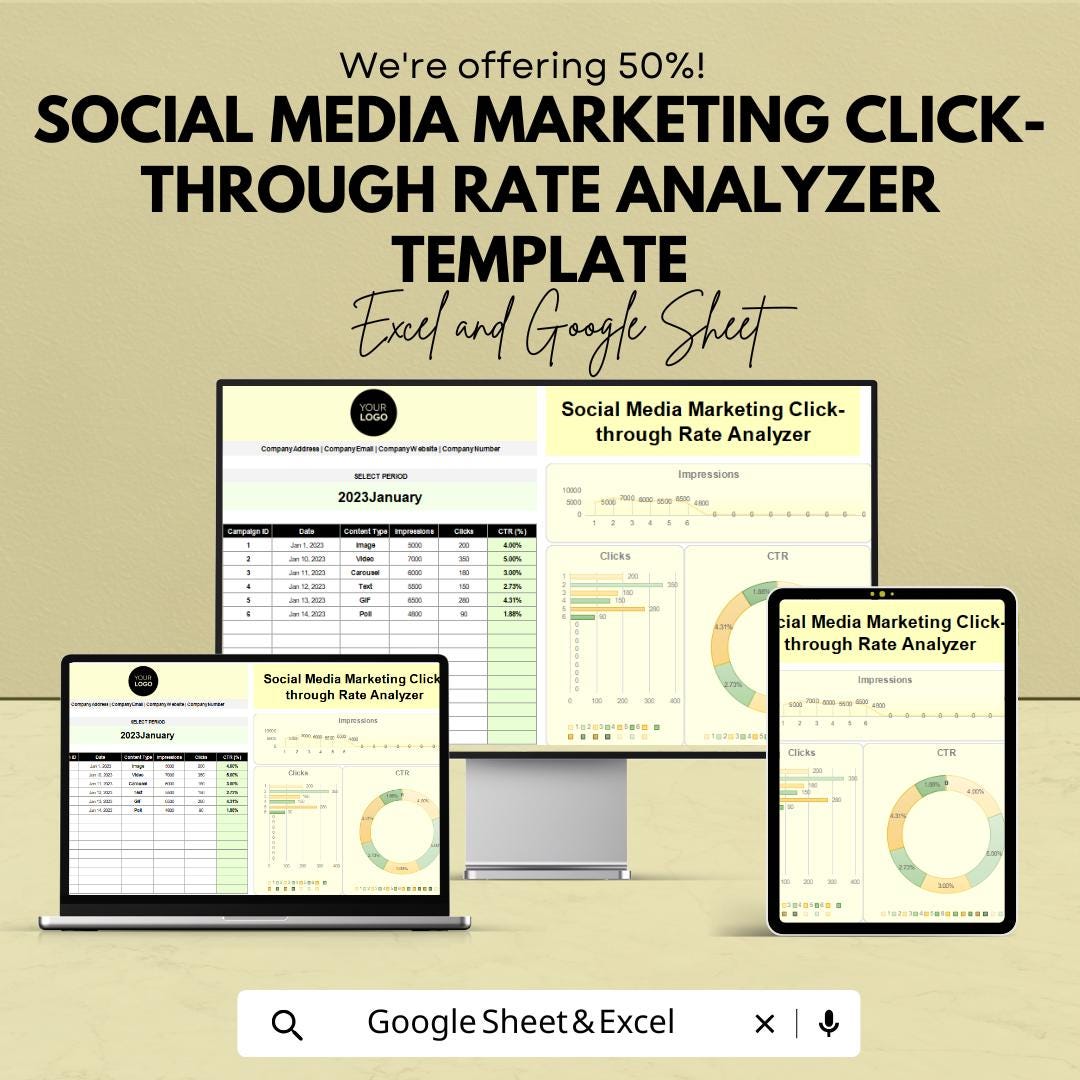 Social Media Marketing Click-through Rate Analyzer Template | CTR Tracker Spreadsheet | Click-through Rate Analyzer | Excel CTR Dashboard |