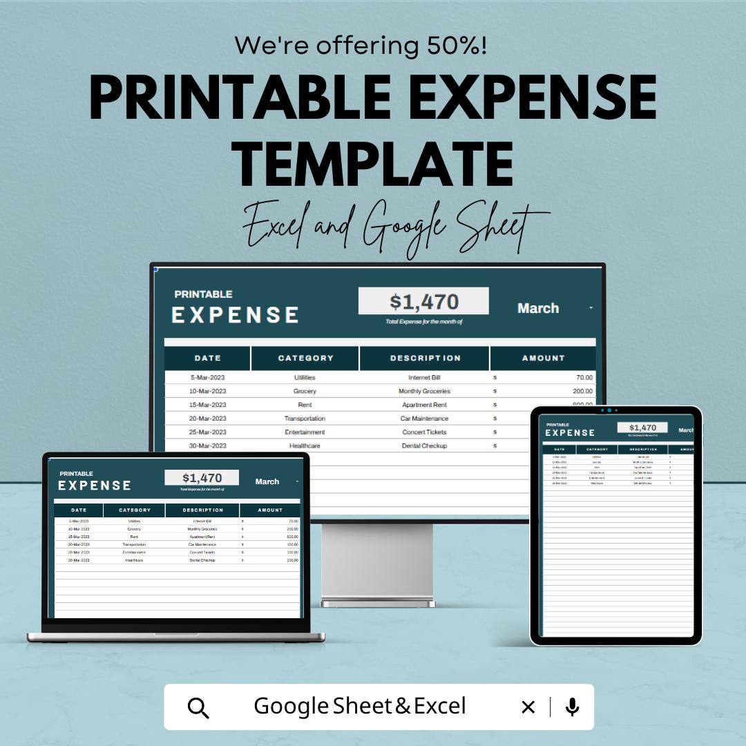 Printable Expense Template | Expense Tracker Spreadsheet | Budget Planner Template | Excel & Google Sheets | Financial Management Sheet |