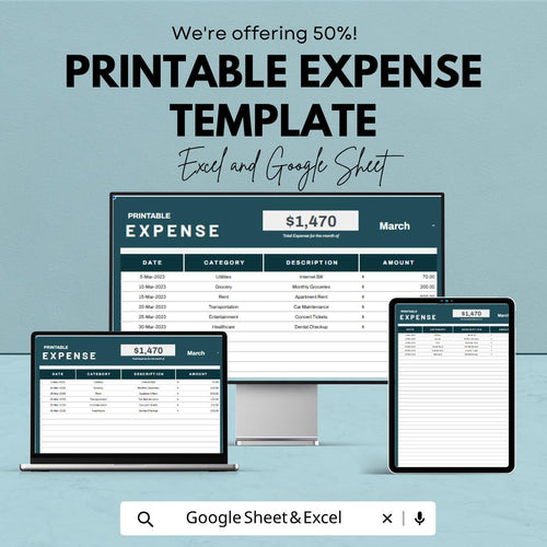 Printable Expense Template | Expense Tracker Spreadsheet | Budget Planner Template | Excel & Google Sheets | Financial Management Sheet |