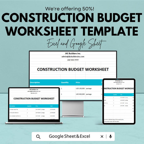 Construction Budget Worksheet Template | Project Cost Estimate Tracker | Building Budget Planner | Editable Spreadsheet