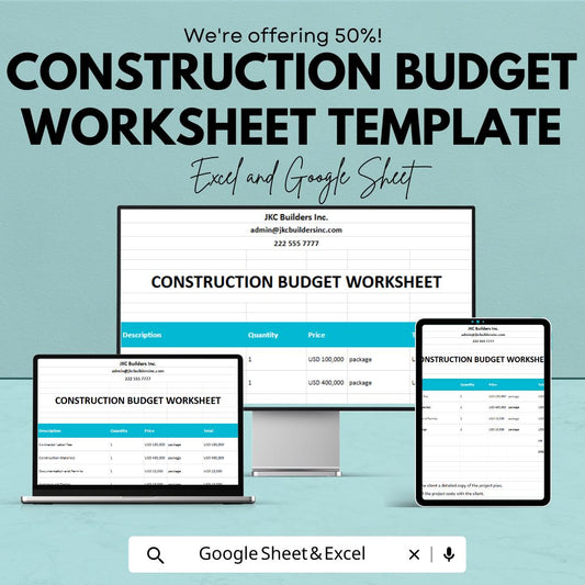 Construction Budget Worksheet Template | Project Cost Estimate Tracker | Building Budget Planner | Editable Spreadsheet