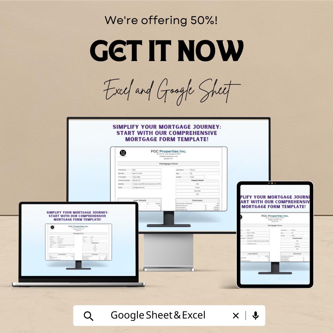 Mortgage Form Template - Easy Loan Application Form for Lenders and Borrowers | Excel & Google Sheet | Customizable Mortgage Calculator